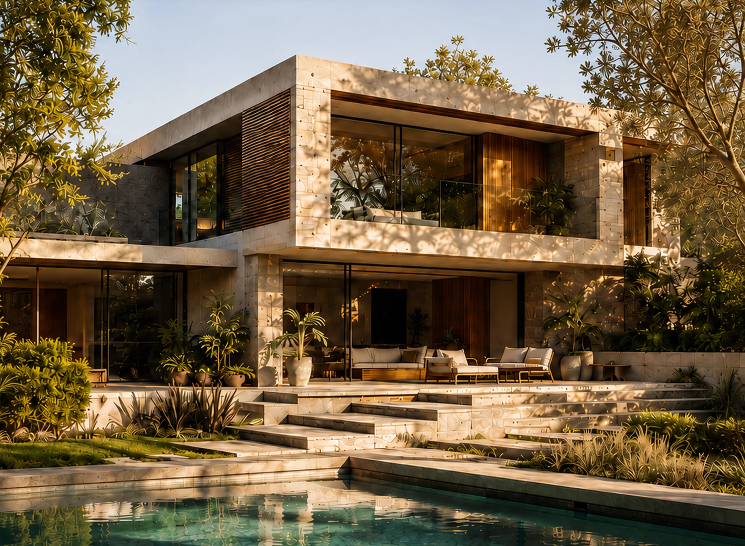 Casa mexicana contemporánea con jardín y alberca en luz dorada